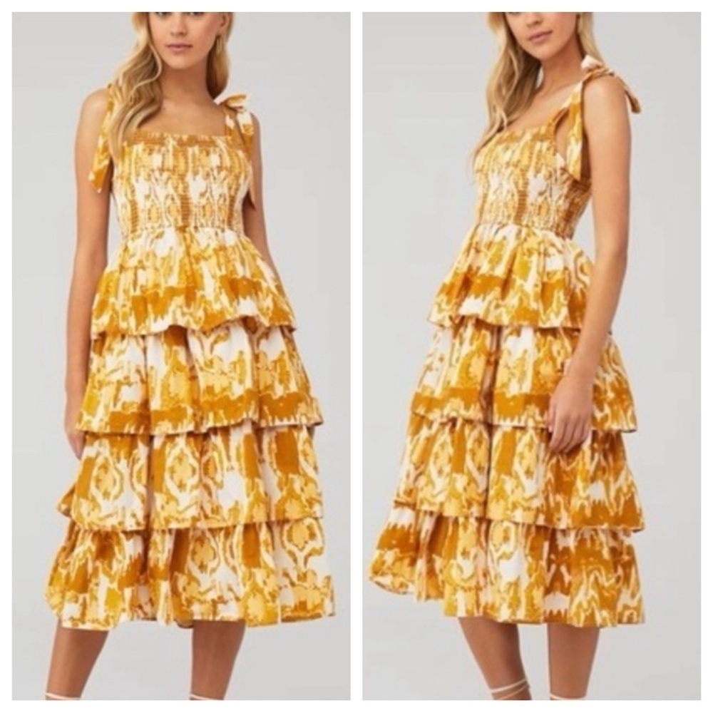 Cleobella Shae yellow Tiered Midi Dress Smocked Tie Strap Boho 25286